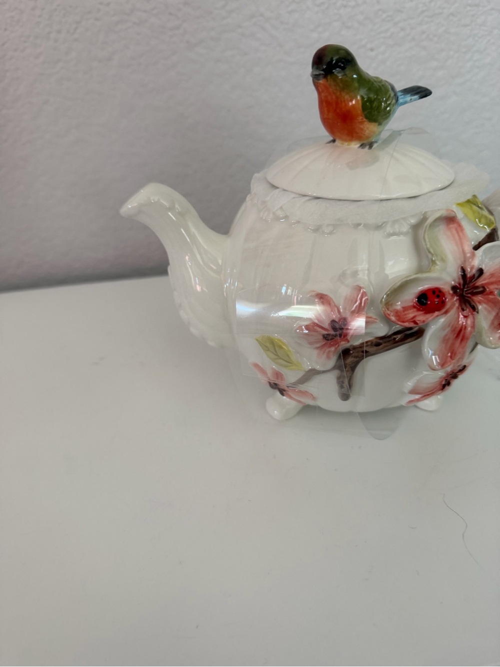 Ceramic Floral Teapot with Bird Lid - Pink, Green, Blue - Picture 2 of 3